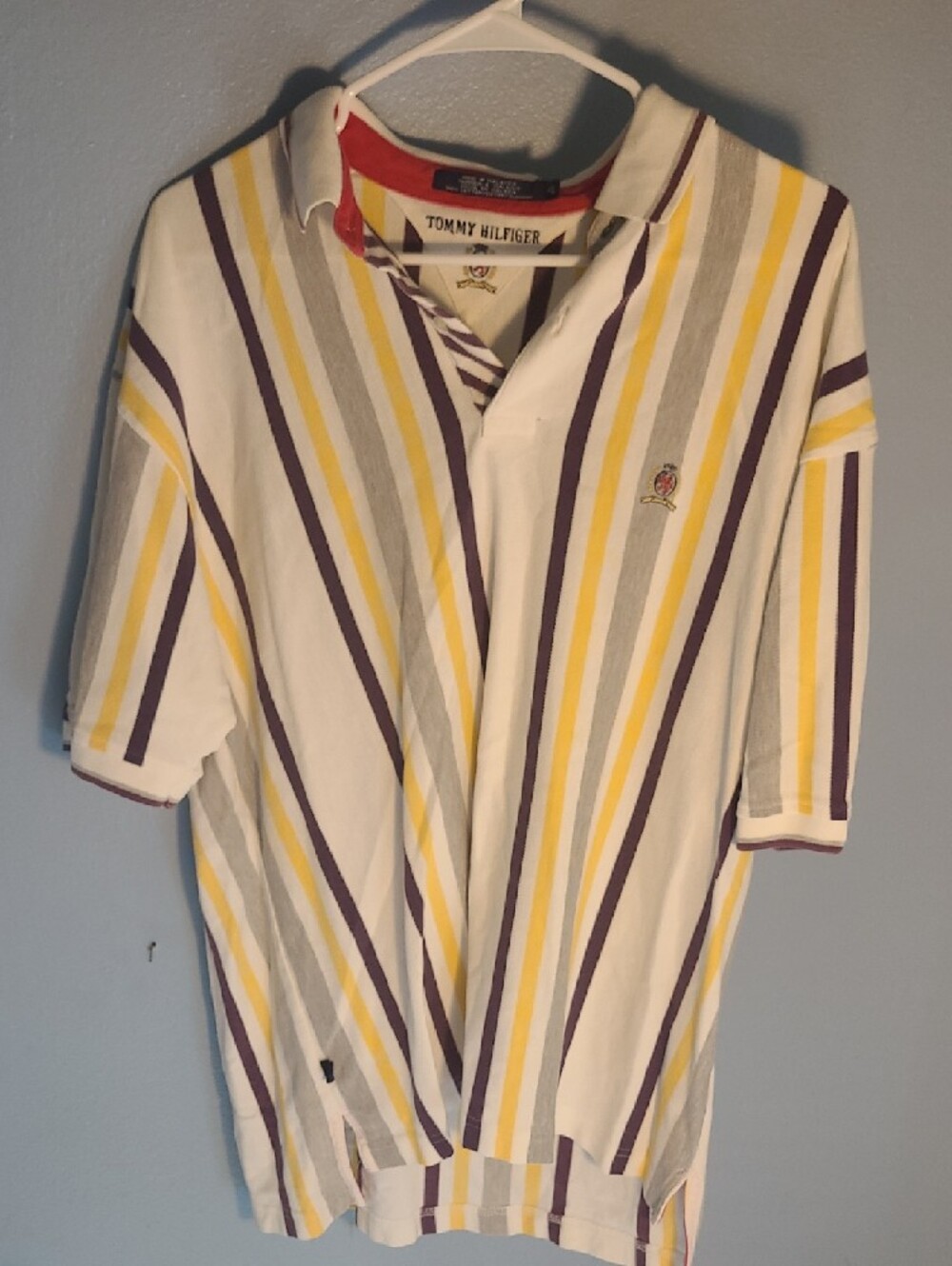 Vintage Tommy Hilfiger White Polo with Yellow, Gray & Purple Stripes Size L